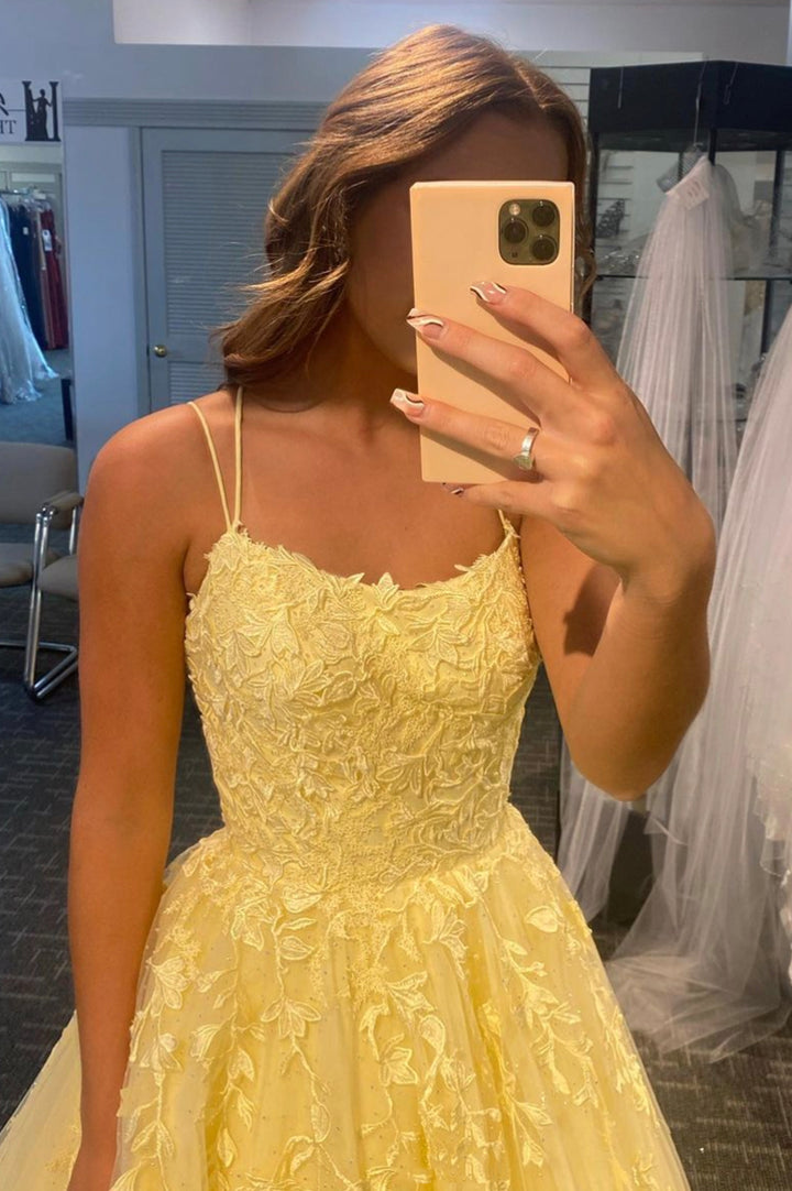 Luolandi Yellow Lace Long A-Line Prom Dresses Yellow Backless Evening Dresses Beautiful