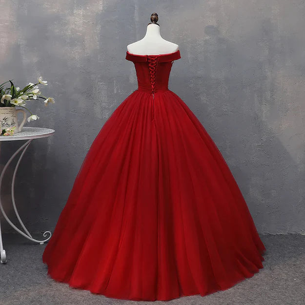 Luolandi Red Tulle Long Off the Shoulder Sweet 16 Dress Party Gown Prom Dress with Appliques