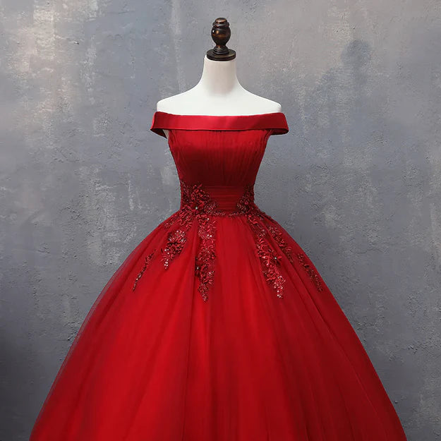 Luolandi Red Tulle Long Off the Shoulder Sweet 16 Dress Party Gown Prom Dress with Appliques