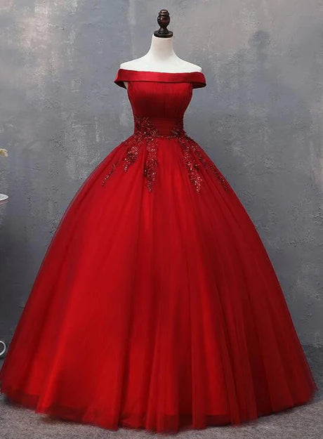 Luolandi Red Tulle Long Off the Shoulder Sweet 16 Dress Party Gown Prom Dress with Appliques