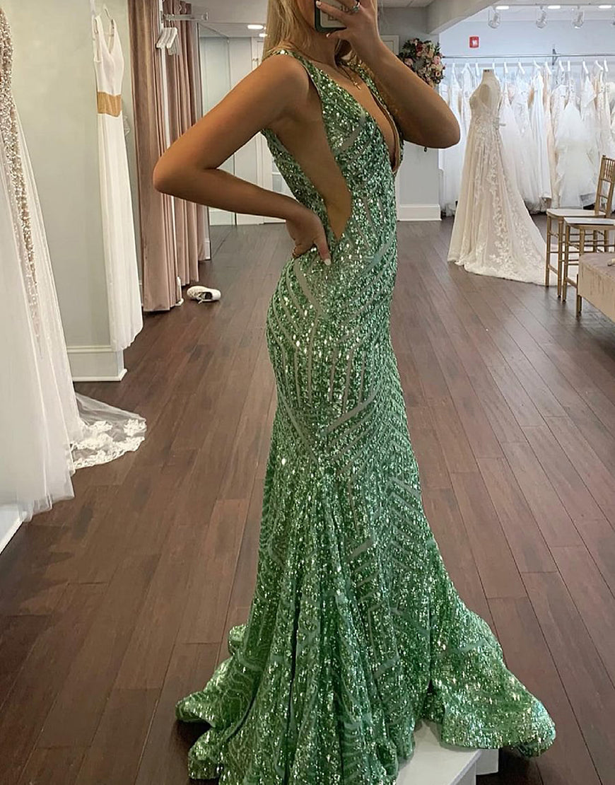 Luolandi Deep V-neck Sequin Mermaid Prom Dress Sexy Evening Dresses