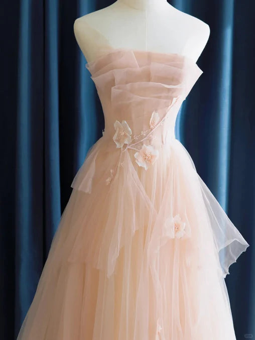 Luolandi Pink Tulle Long Formal Dress with Flowers Prom Dress A Line Off Shoulder Floor Length