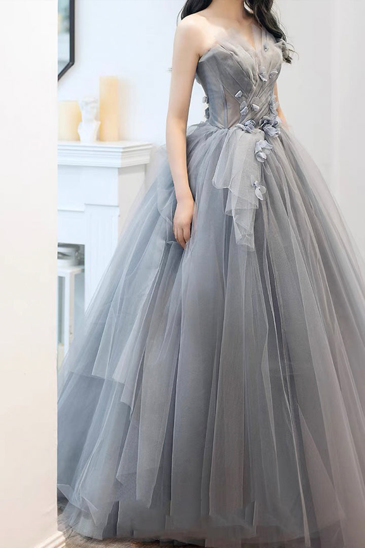 Luolandi Gray Tulle Long A-Line Prom Dresses Strapless Evening Dresses Off Shoulder