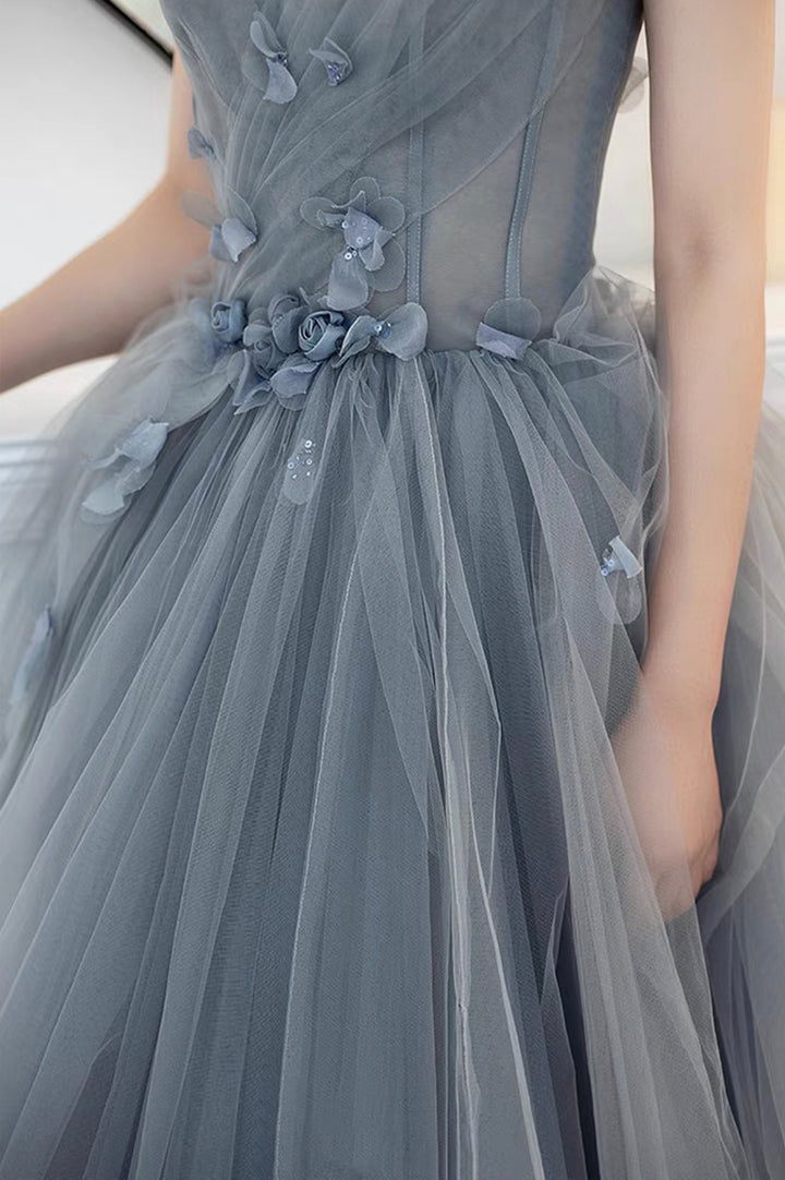 Luolandi Gray Tulle Long A-Line Prom Dresses Strapless Evening Dresses Off Shoulder