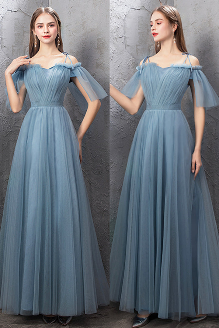 Luolandi Blue Tulle Long Prom Dresses A-Line Simple Evening Dresses Floor Length