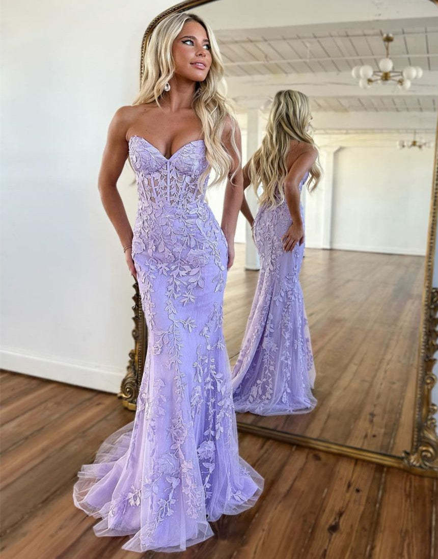 Luolandi Lilac Mermaid Corset Back Long Prom Dress With Appliques