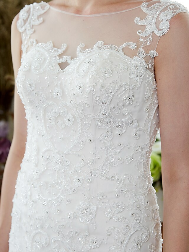 Luolandi Wedding Dresses Illusion Neck Court Train Tulle Sleeveless Sparkle & Shine with Beading