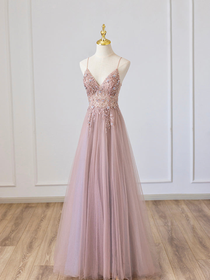 Luolandi Pink V-Neck Tulle Long Prom Dress with Beaded Spaghetti Strap Evening Dress