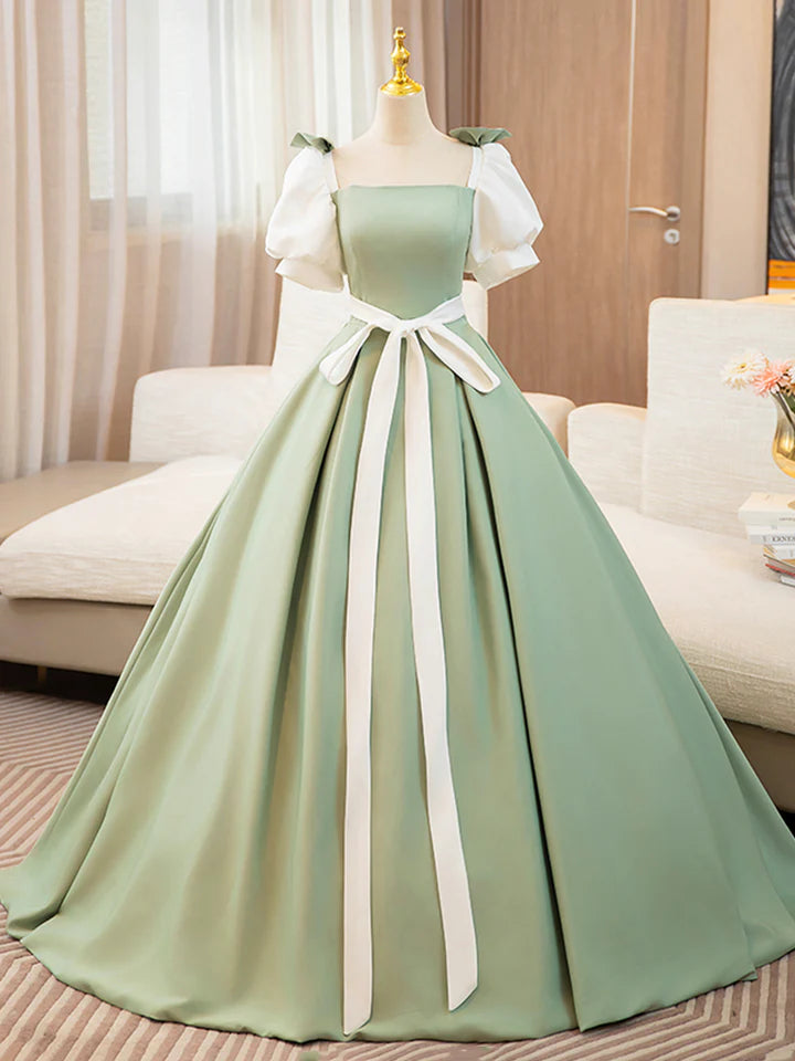 Luolandi and Green Satin Long Prom Dress A-Line Short Sleeve Evening Party Dress Beautiful