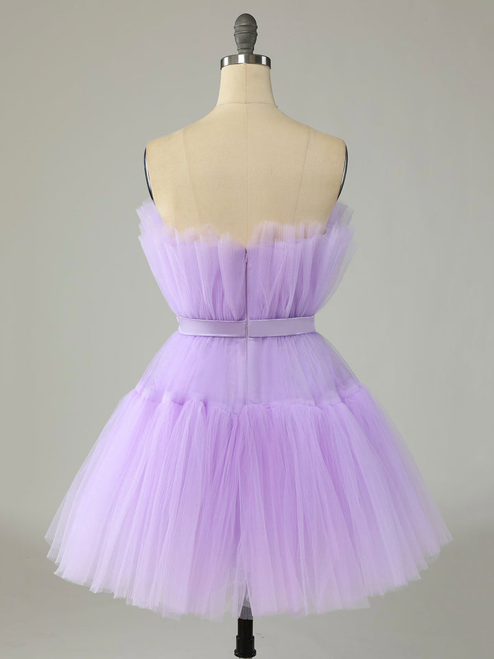 Luolandi Purple Strapless Tulle Knee Length Party Dress A-Line Homecoming Dress Off Shoulder