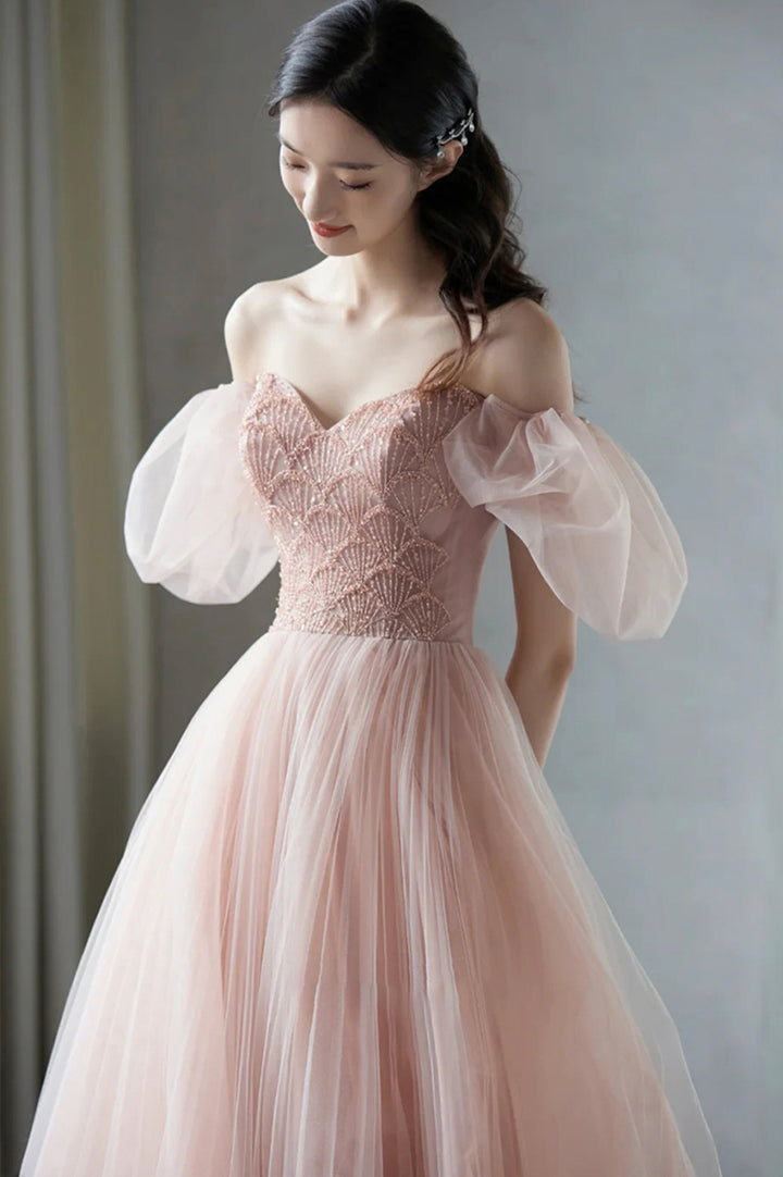 Luolandi Pink Tulle Beaded Long Prom Dress Cute Puff Sleeves Evening Dress Party Dress
