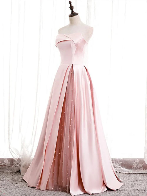 Luolandi Strapless A-line Pink Satin Prom Dresses Long Party Dress Off Shoulder Elegant Evening Dress