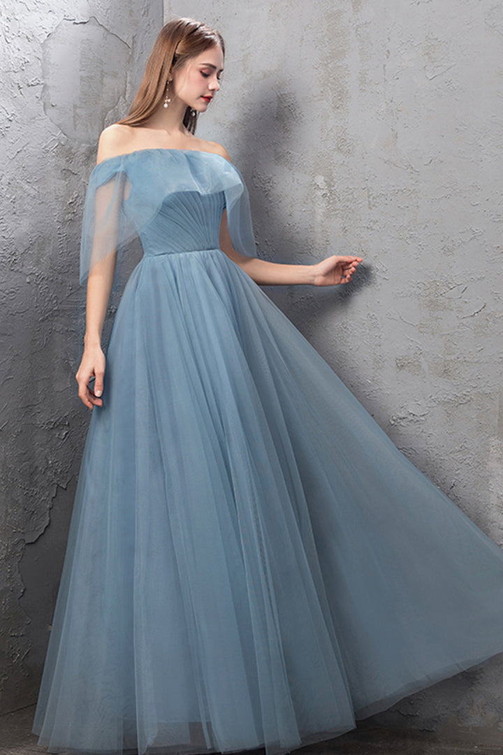 Luolandi Blue Tulle Long Prom Dresses A-Line Simple Evening Dresses Floor Length