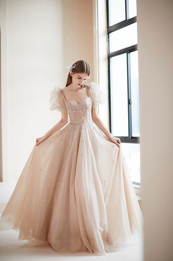 Luolandi Champagne Puff Sleeve Tulle Long Prom Dress A-Line Evening Dress Floor Length