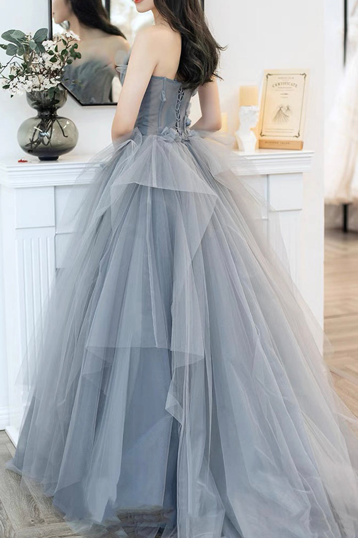 Luolandi Gray Tulle Long A-Line Prom Dresses Strapless Evening Dresses Off Shoulder