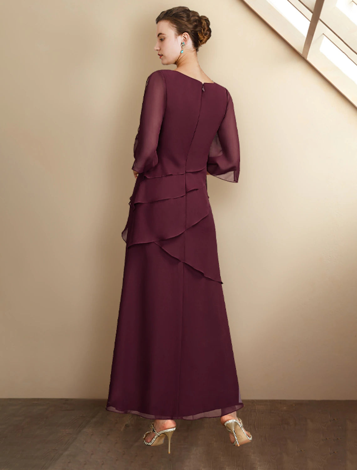 Luolandi A-Line Mother of the Bride Dress Wedding Guest Plus Size Elegant Jewel Neck Ankle Length Chiffon Half Sleeve with Ruffles