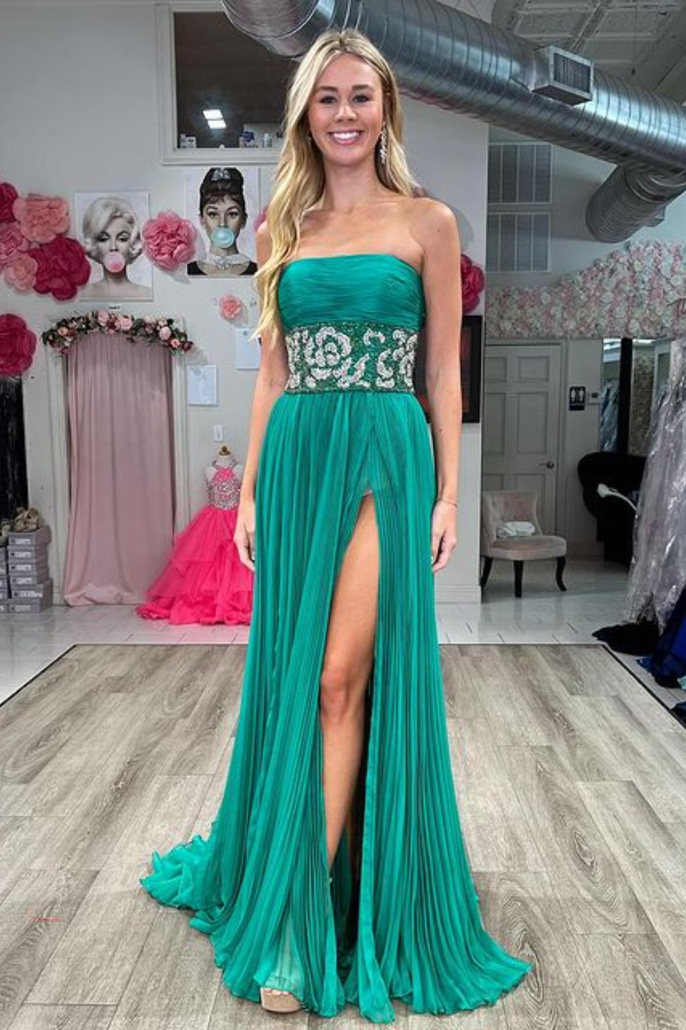 Luolandi A-Line Beading Strapless Chiffon Fashion Prom Dresses Off Shoulder With Slit
