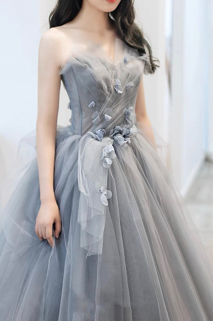 Luolandi Gray Tulle Long A-Line Prom Dresses Strapless Evening Dresses Off Shoulder