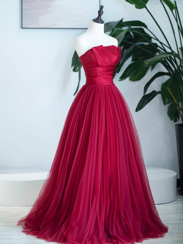 Luolandi Burgundy Strapless Tulle Prom Dress Burgundy Long Formal Dress Off Shoulder