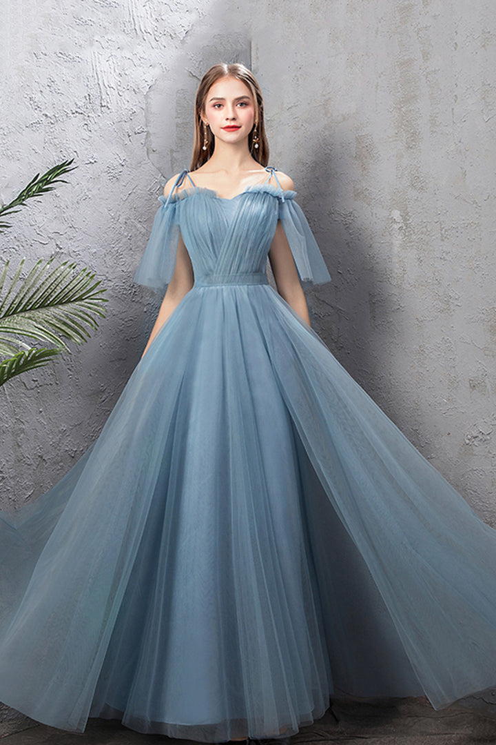 Luolandi Blue Tulle Long Prom Dresses A-Line Simple Evening Dresses Floor Length