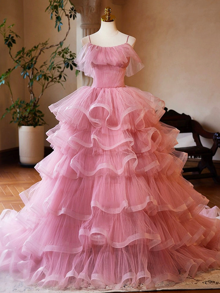 Luolandi Pink Tulle Layers Long A-Line Prom Dress Spaghetti Strap Sweet 16 Dress Evening Dress