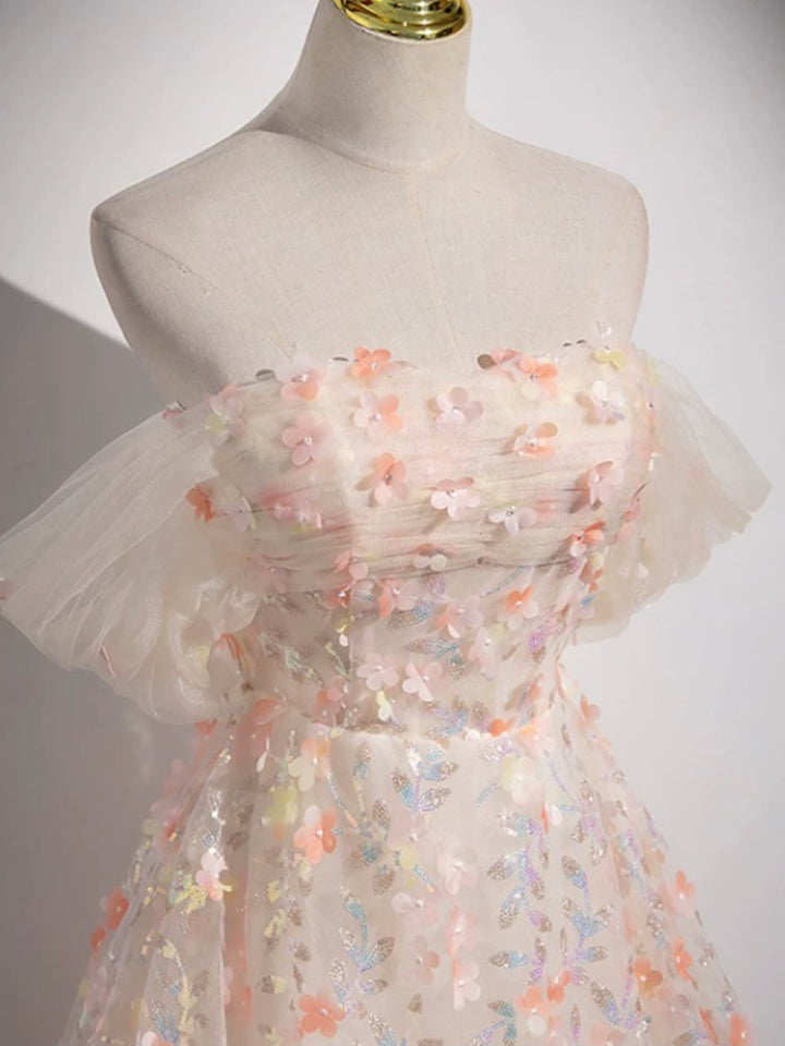 Luolandi Lovely Three-dimensional Floral Floor Length Prom Dress Off the Shoulder Evening Party Dress With Flowers