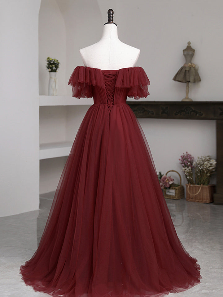 Luolandi Burgundy Tulle Floor Length Prom Dress Simple A-Line Evening Party Dress Sexy