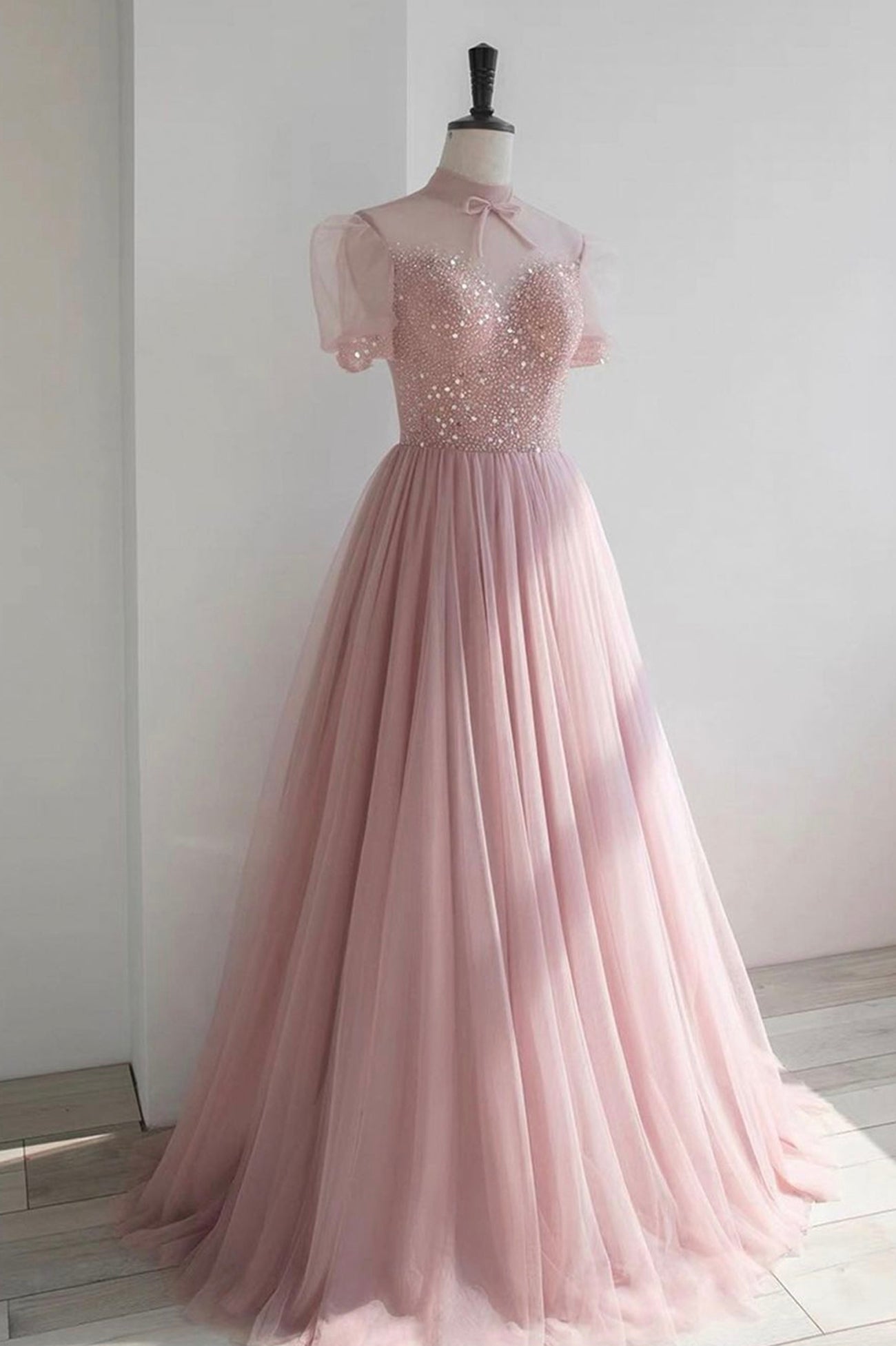 Luolandi Pink Tulle Beading Long Prom Dresses Lovely A-Line Evening Party Dresses Sparkly