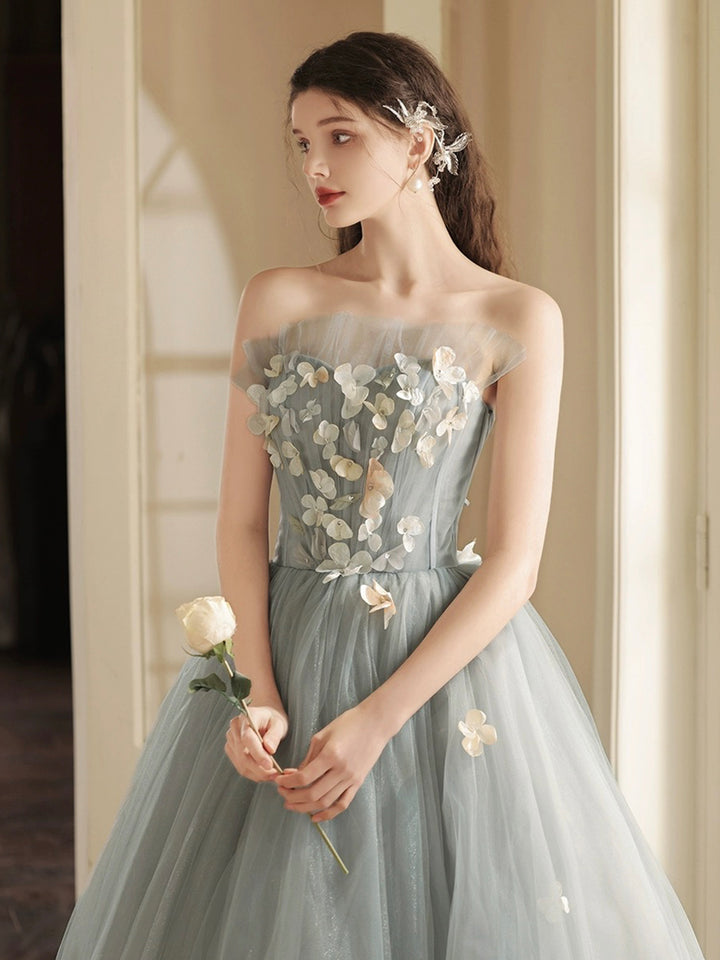 Luolandi Gray Tulle Strapless Long Prom Dress Lovely A-Line Sweetheart Neck Party Dress With Flowers