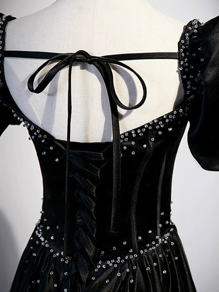 Luolandi Black Satin Beaded Floor Length Prom Dress Black A-Line Short Sleeve Evening Dress Sexy