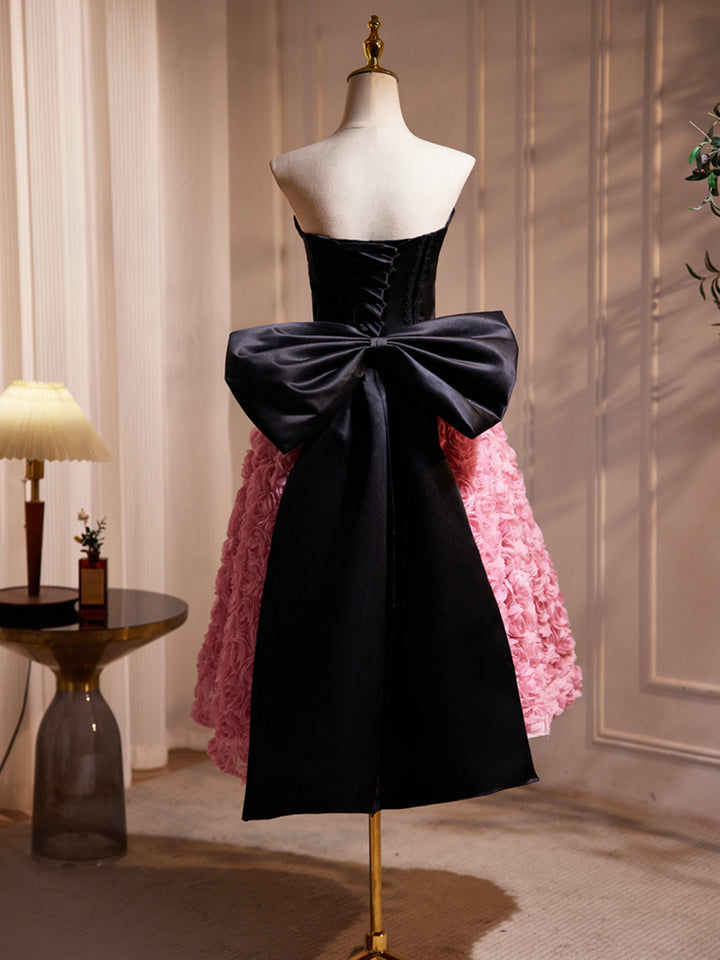 Luolandi Black Satin and Pink Ruffle Flower Short Prom Dress Lovely A-Line Strapless Bow Party Cocktail Dress Beautiful
