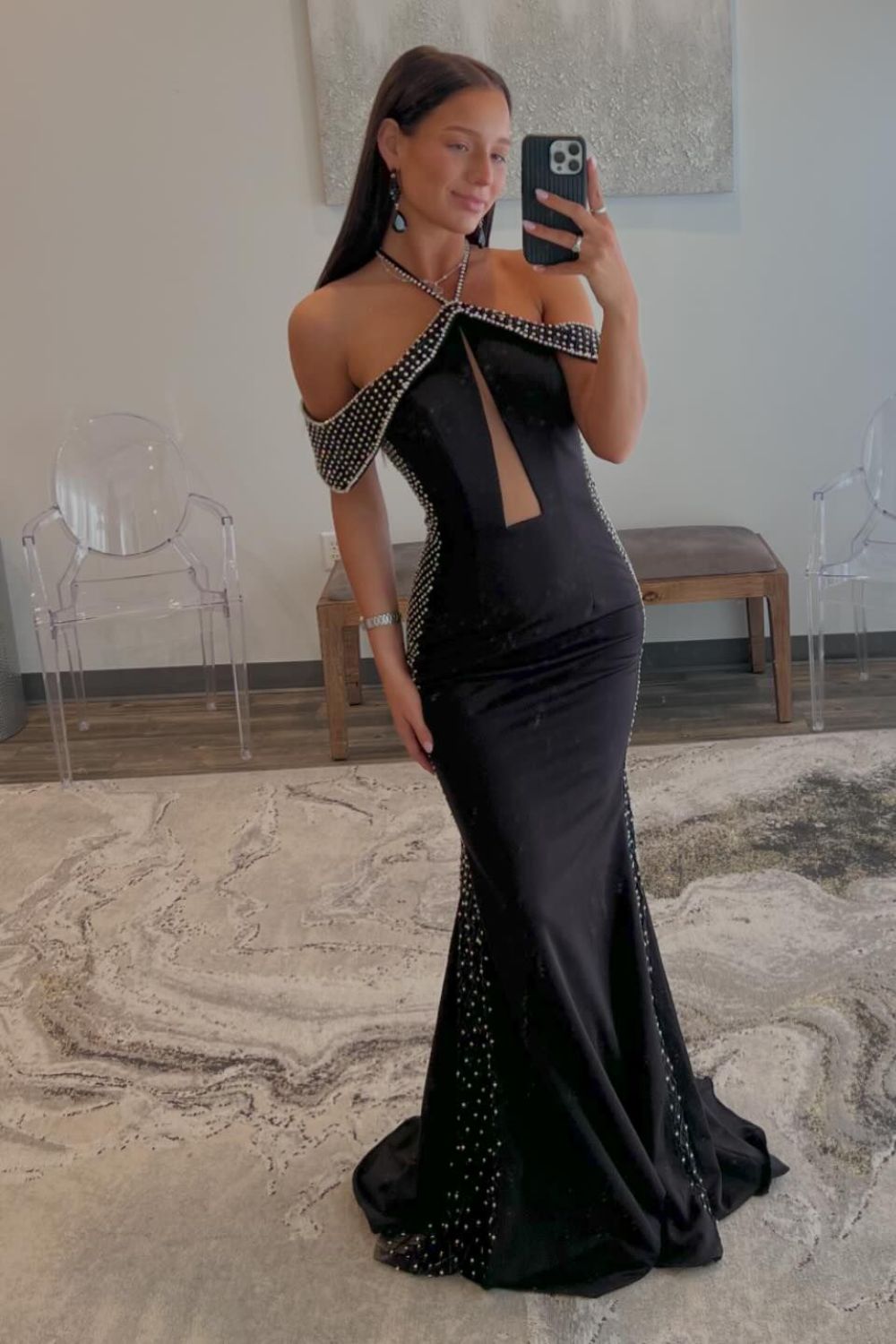 Luolandi Sexy Open Back Halter Beaded Ruched Bodice Evening Dresses Spandex Mermaid Prom Dresses Floor Length