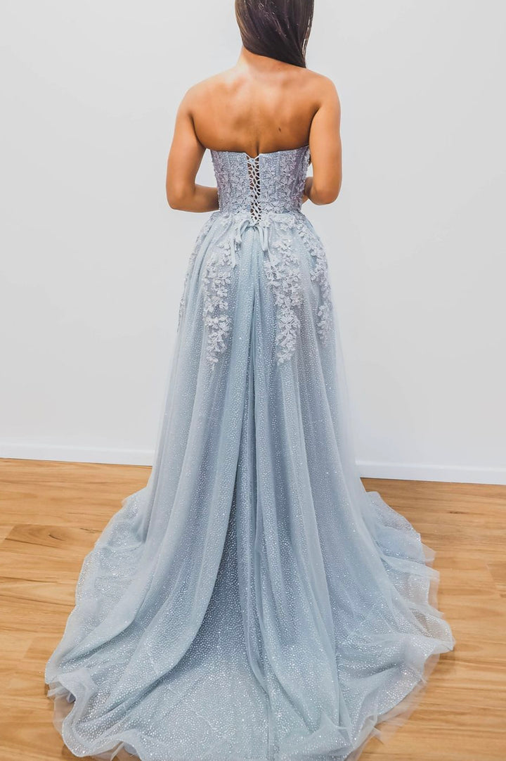Luolandi Blue Lace and Tulle Long Prom Dresses A-Line Strapless Evening Dresses Sparkly