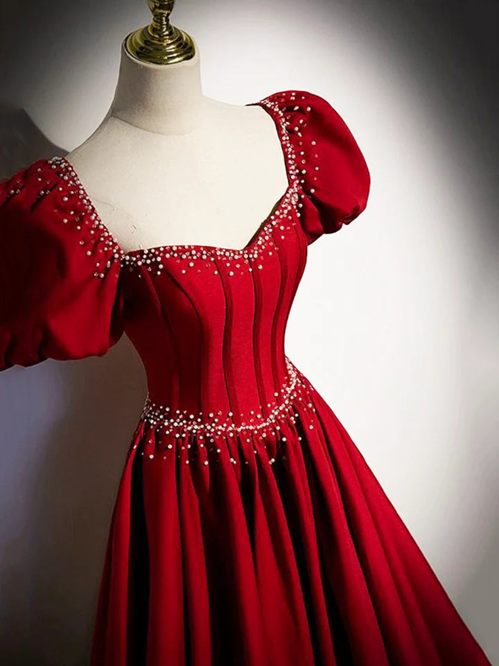 Luolandi Elegant Burgundy Floor Length Prom Dress A-Line Beading Puffy Short Sleeve Backless Evening Dress Beautiful