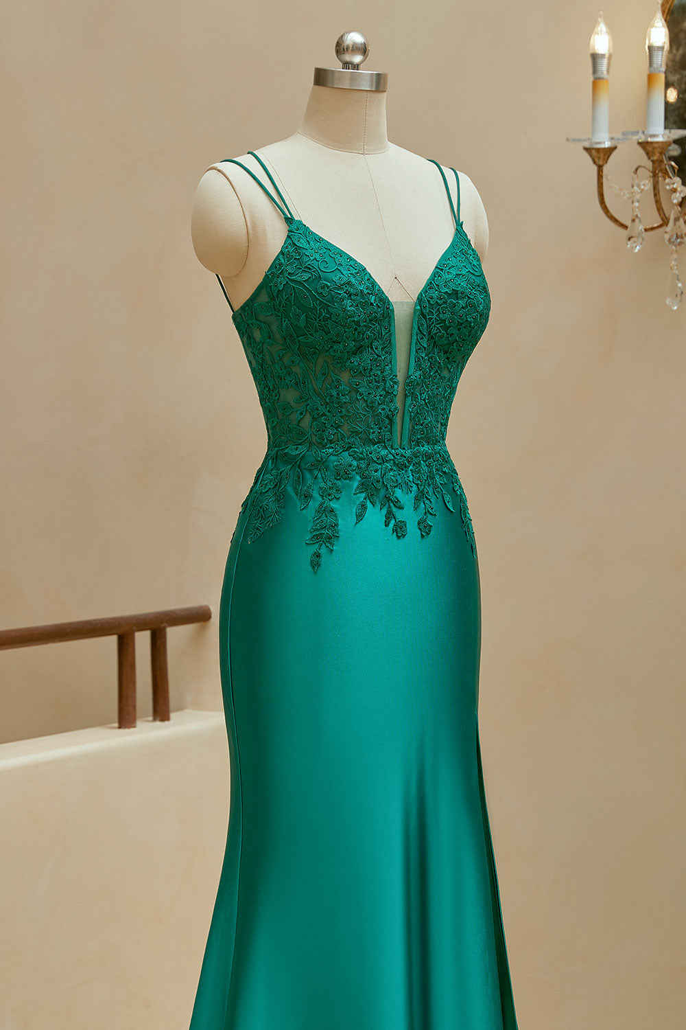 Luolandi Mermaid Spaghetti Straps Satin Slit Prom Dresses With Beaded Sexy Evening Dresses