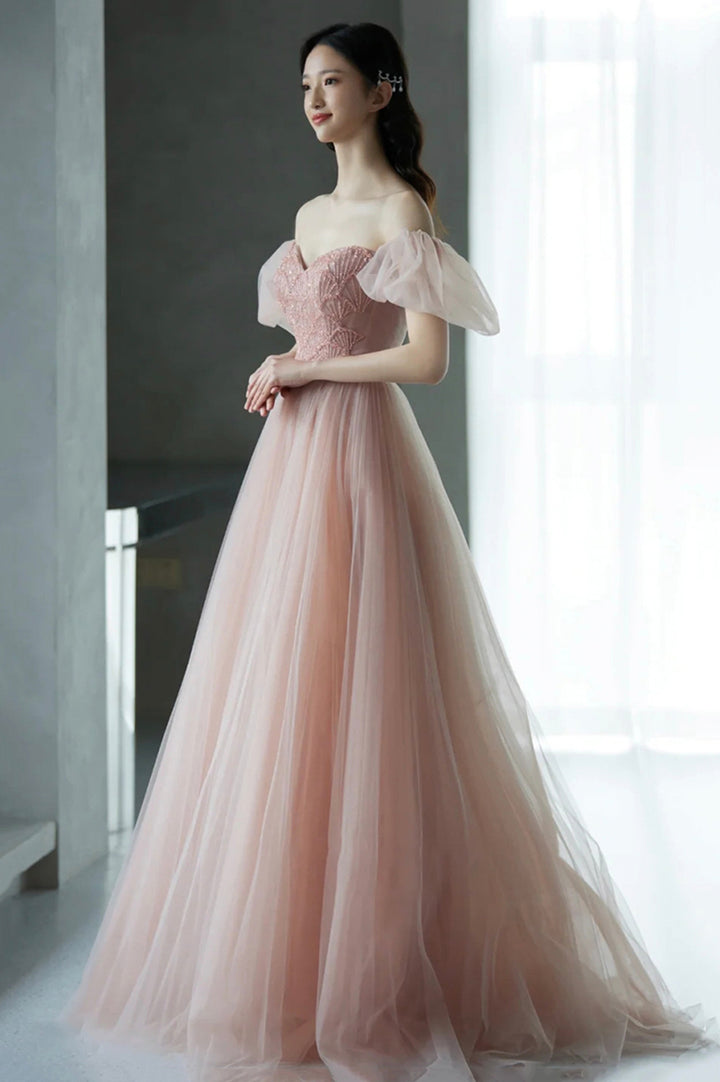 Luolandi Pink Tulle Beaded Long Prom Dress Cute Puff Sleeves Evening Dress Party Dress