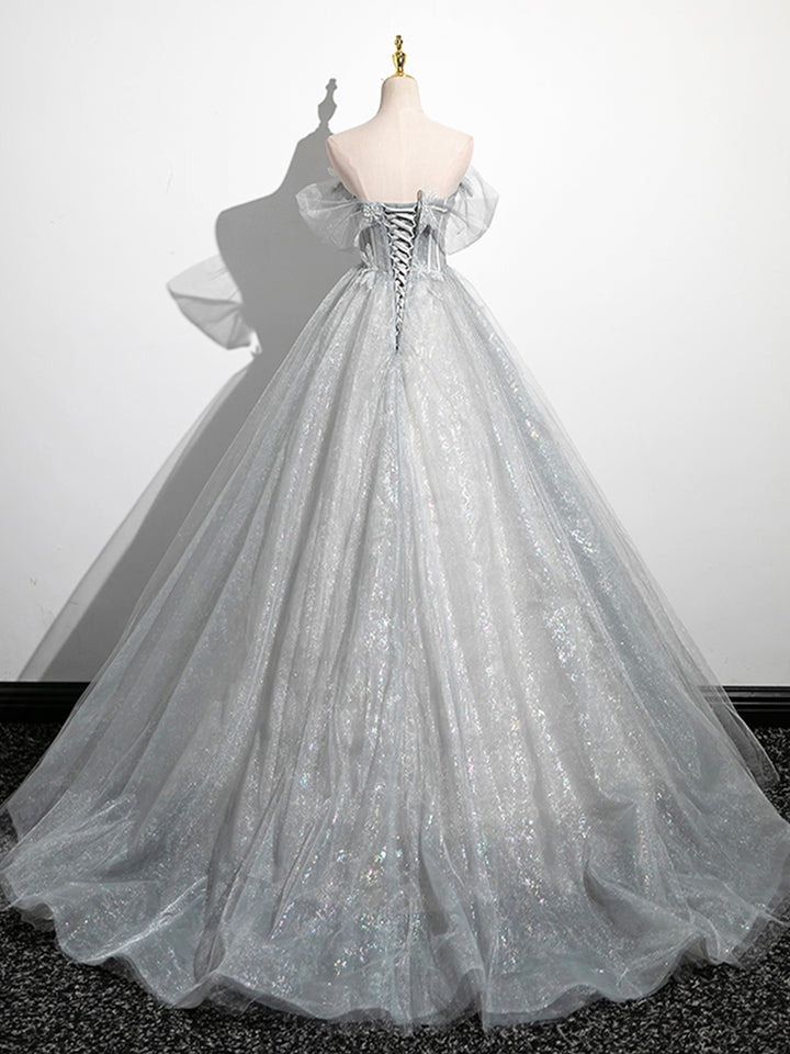 Luolandi A-Line Off the Shoulder Sparkly Prom Dress Gray Tulle Corset Floor Length Evening Dress Beautiful