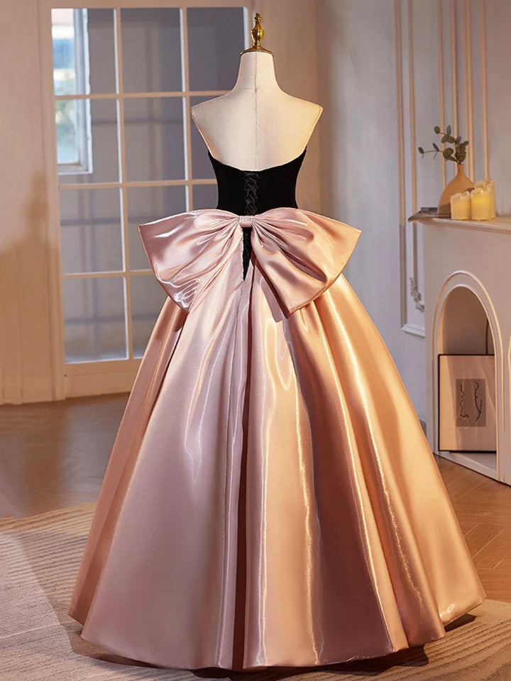 Luolandi Black Velvet and Pink Satin Floor Length Prom Dress Beautiful A-Line Strapless Party Dress With Bow