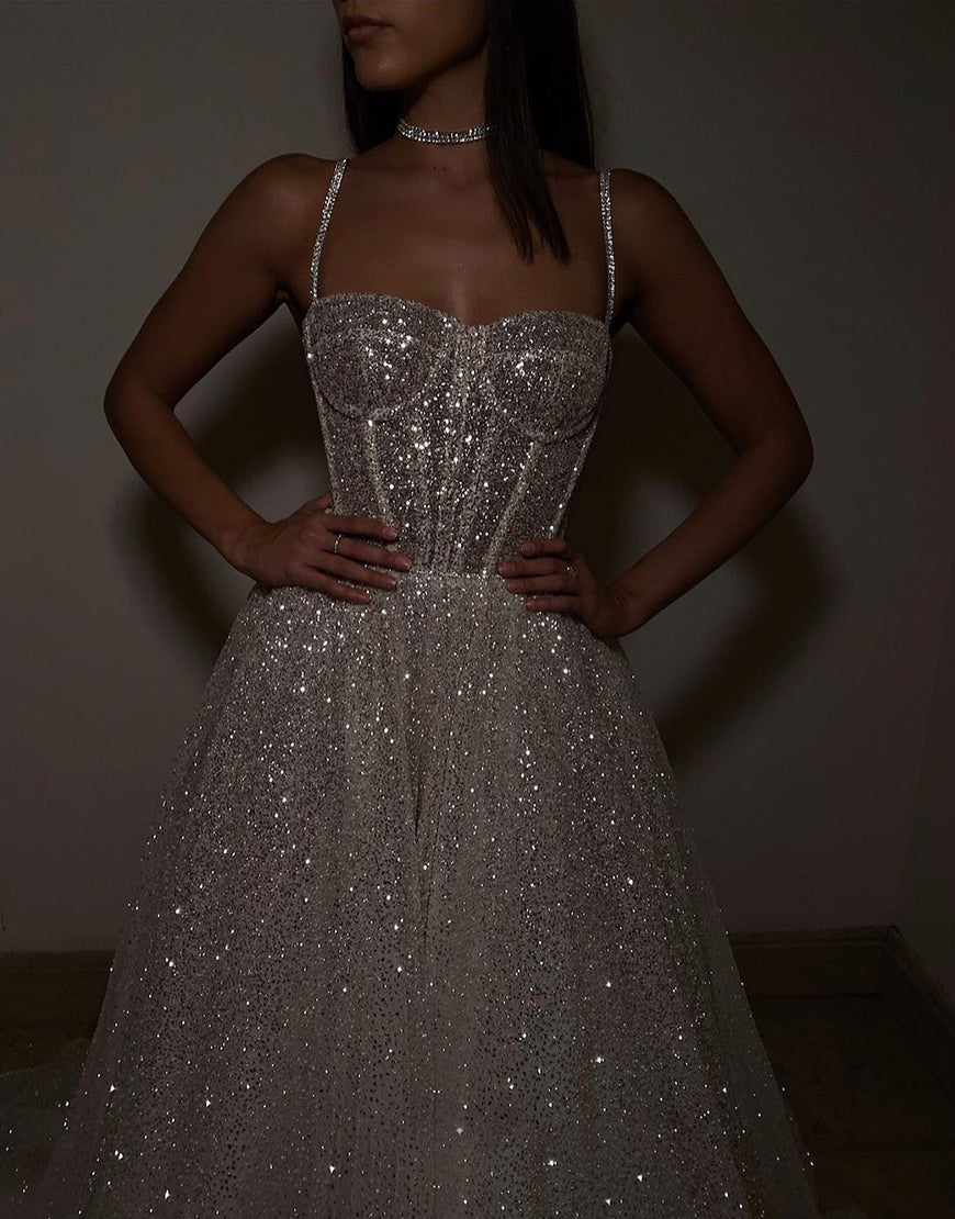 Luolandi Sweetheart Glitter Wedding Dress Floor Length Sexy Sparkly Evening Party Dress