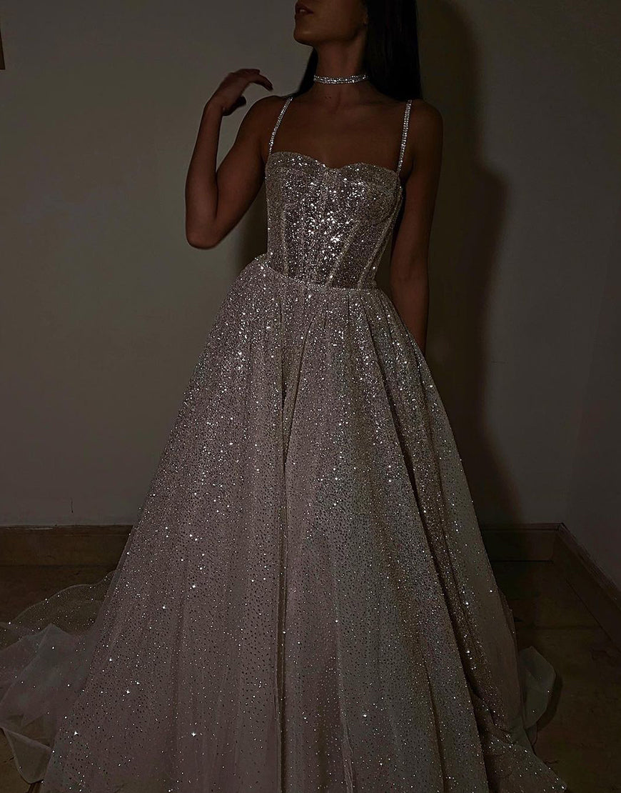Luolandi Sweetheart Glitter Wedding Dress Floor Length Sexy Sparkly Evening Party Dress