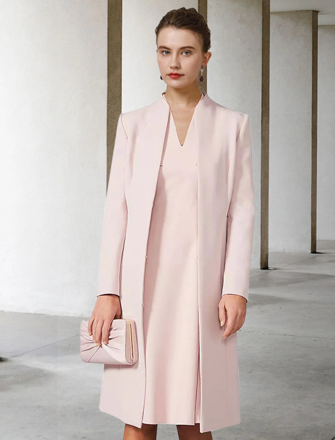 Luolandi Two Piece A-Line Mother of the Bride Dress Wedding Guest Church Elegant V Neck Knee Length Chiffon Short Sleeve Jacket Dresses