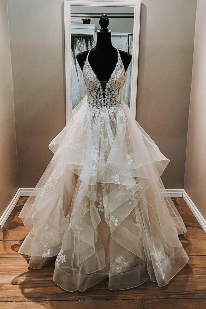 Luolandi Charming V-Neck Tulle Long Prom Dresses A-Line Formal Evening Dresses Sexy