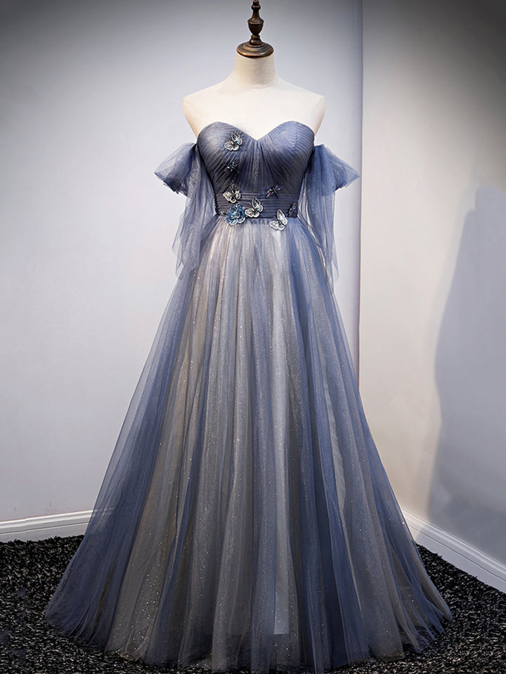 Luolandi Blue Sweetheart Tulle with Lace Party Dress Blue Long Formal Dress Evening Dresses