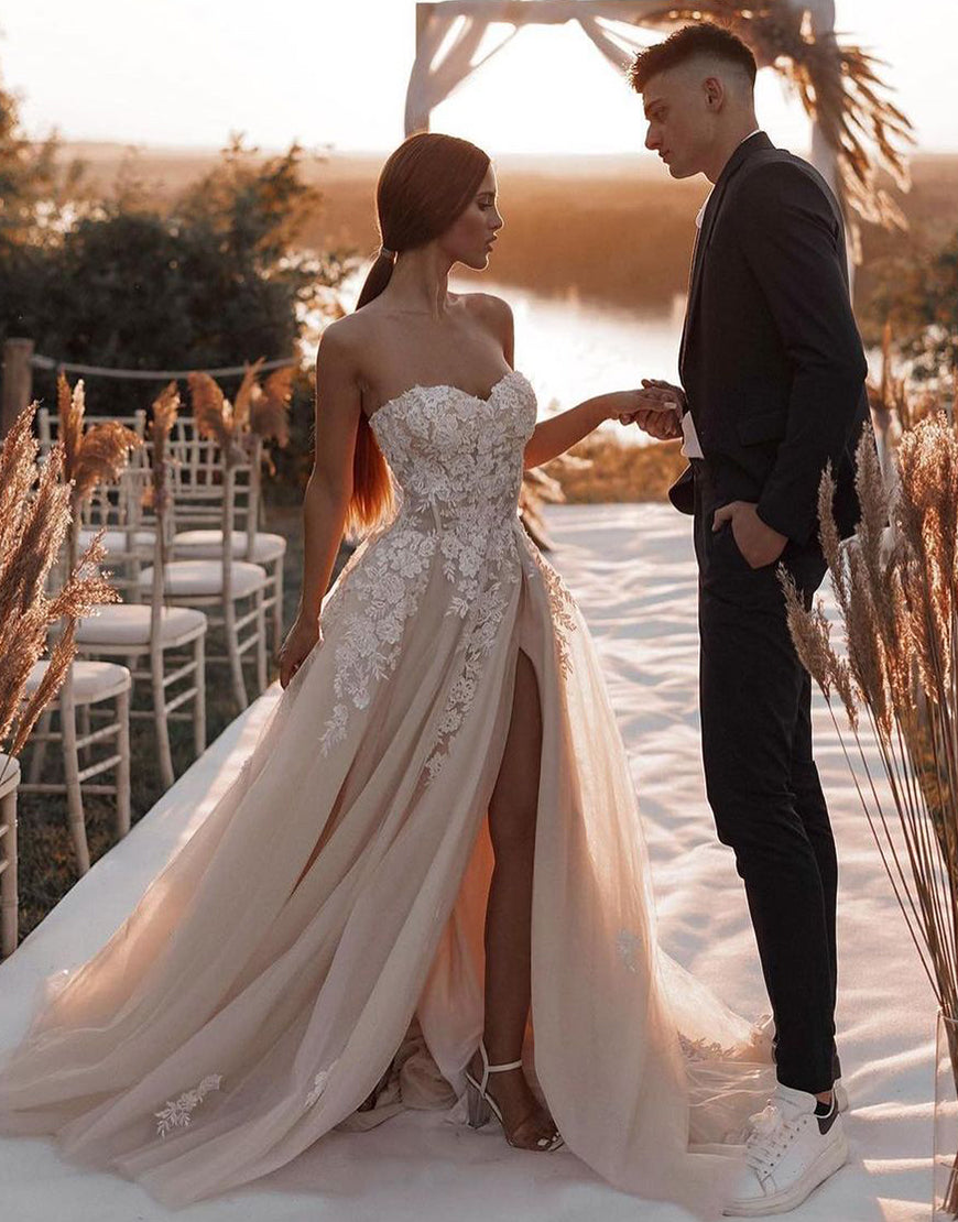 Luolandi Champagne Sweetheart Wedding Dress with Split Off Shoulder Floor Length Sexy