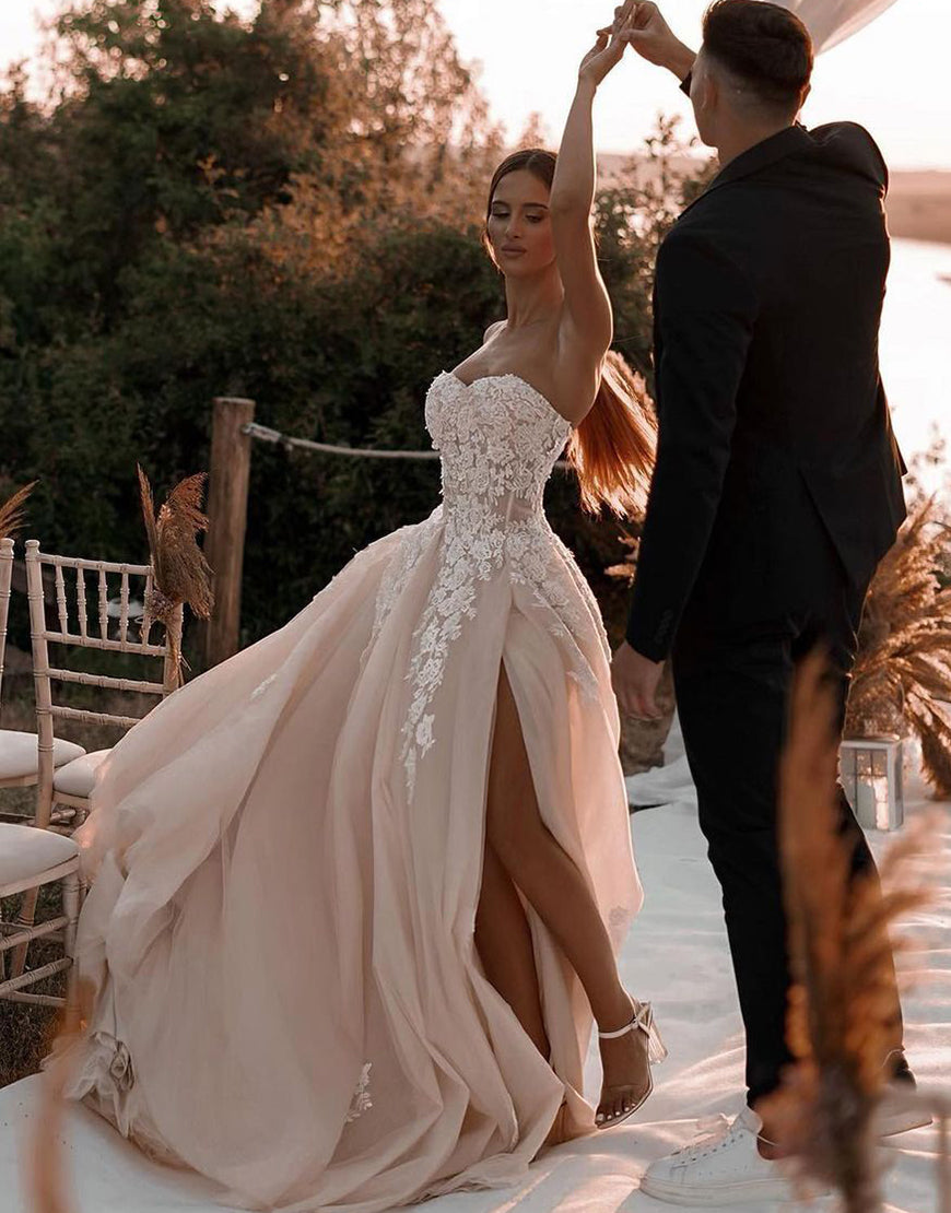 Luolandi Champagne Sweetheart Wedding Dress with Split Off Shoulder Floor Length Sexy