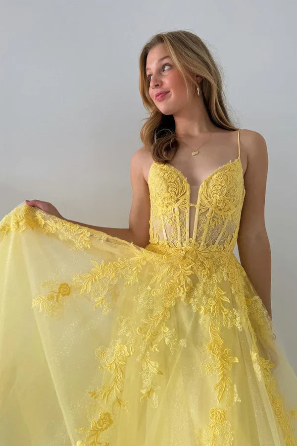Luolandi A-Line V Neck Yellow Tulle Lace Long Prom Dresses with Appliques Beautiful