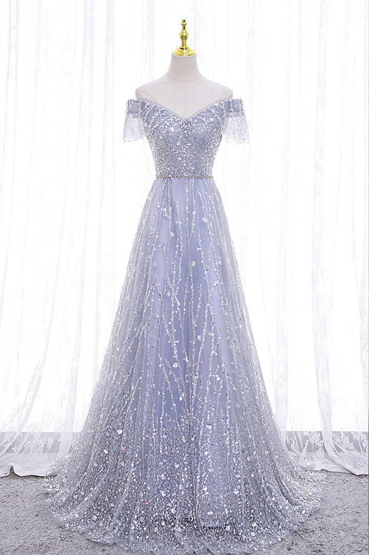 Luolandi A-Line Tulle Sequins Long Prom Dress Off the Shoulder Evening Party Dress Sparkly