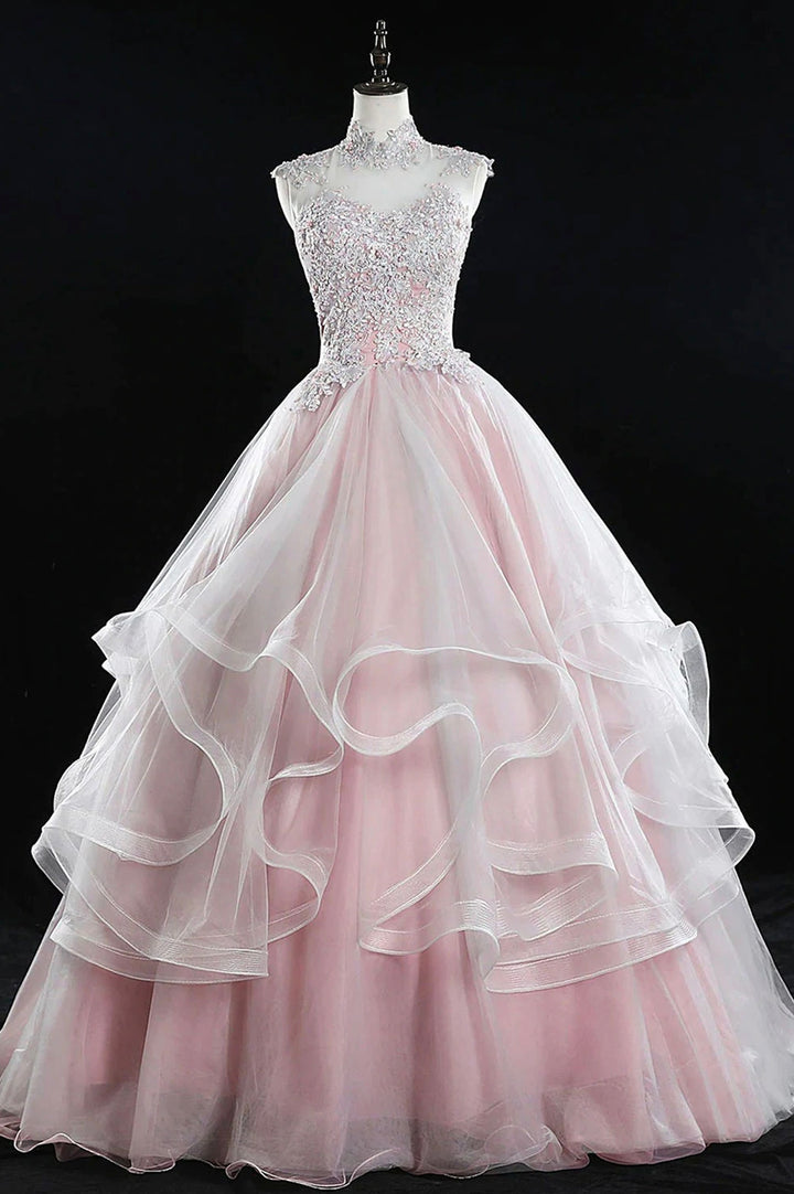 Luolandi Pink Tulle Lace Sweet 16 Dresses Long Quinceanera Dresses Prom Dress