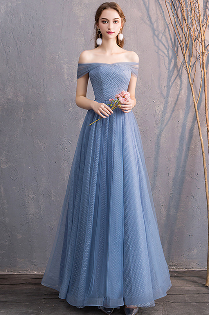 Luolandi Blue Tulle Long Prom Dresses, A-Line Bridesmaid Dresses Floor Length
