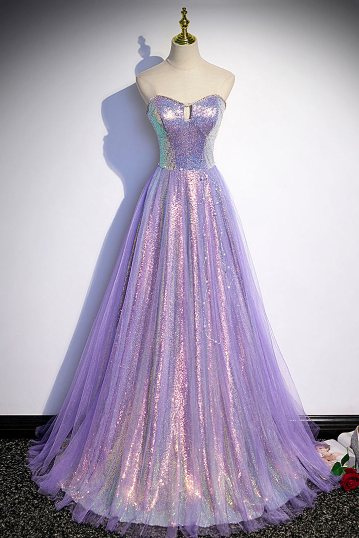 Luolandi Purple Strapless Sequins Floor Length Prom Dress A-Line Formal Dress Sparkly